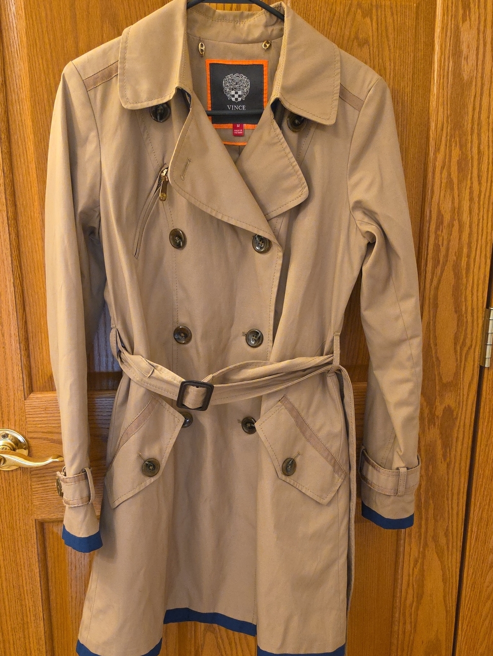 Vince Beige Trench Coat with Navy Trim